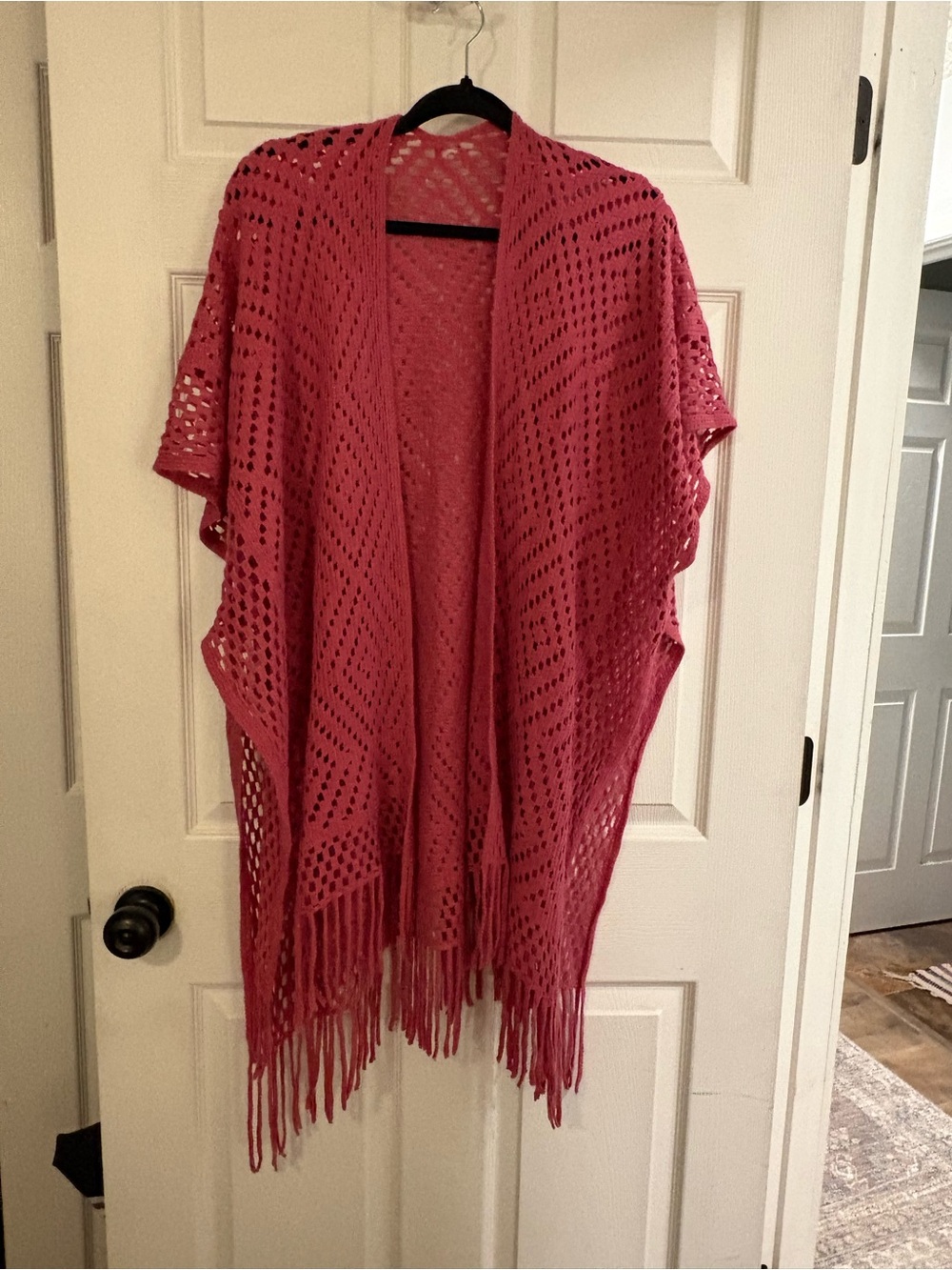 Pink Open-Knit Fringe Women's Sweater Cardigan